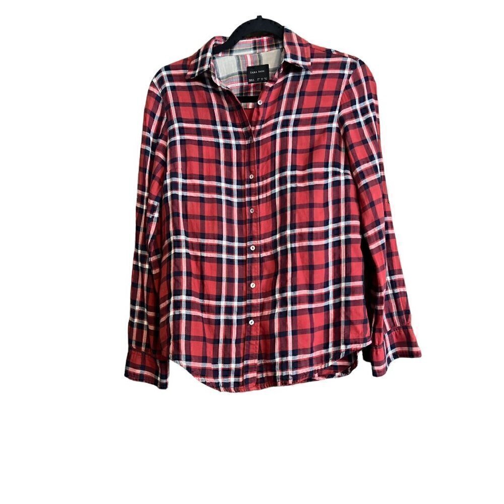 Zara Women's Long Sleeve Black and Red Plaid Shirt, Medium